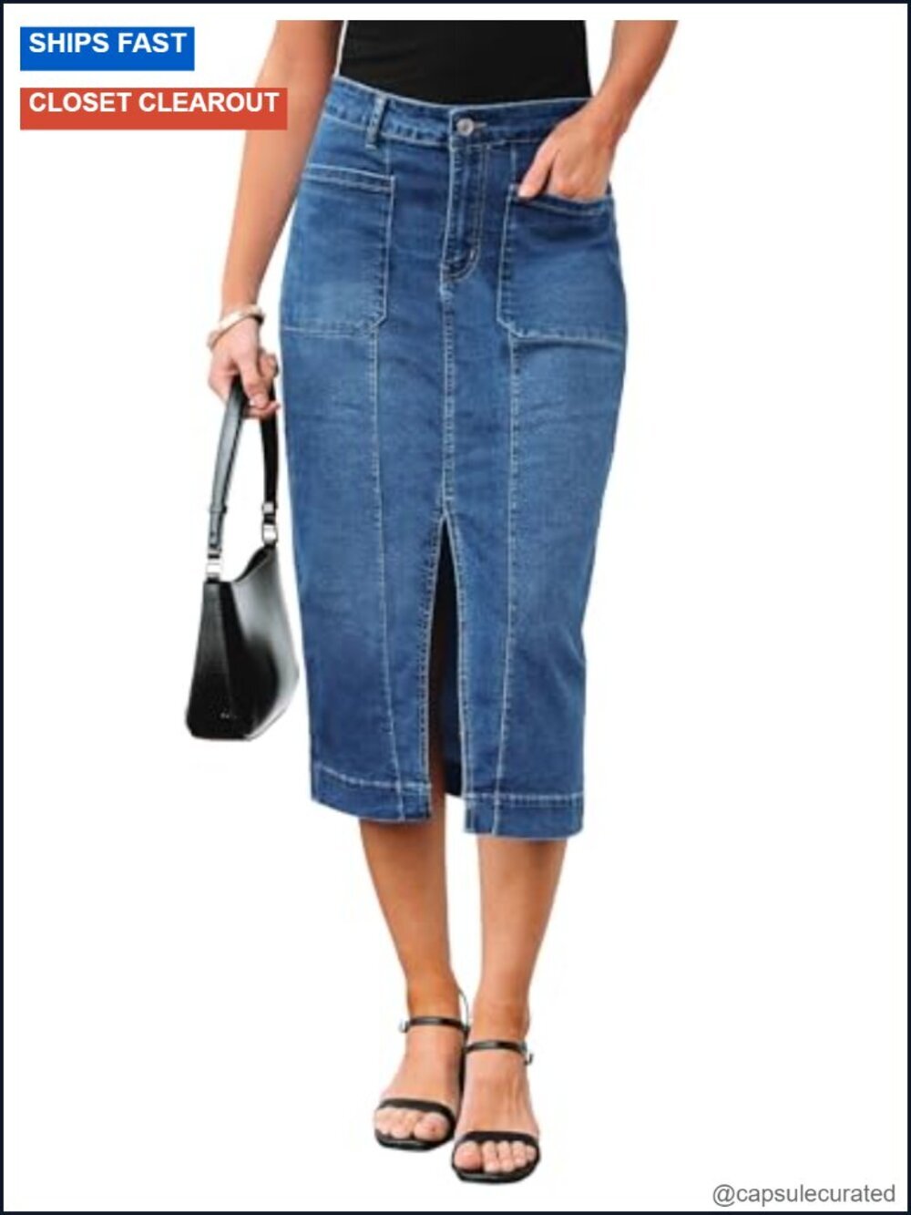 High Waisted Stretchy Denim Midi Skirt with Pockets and Slit